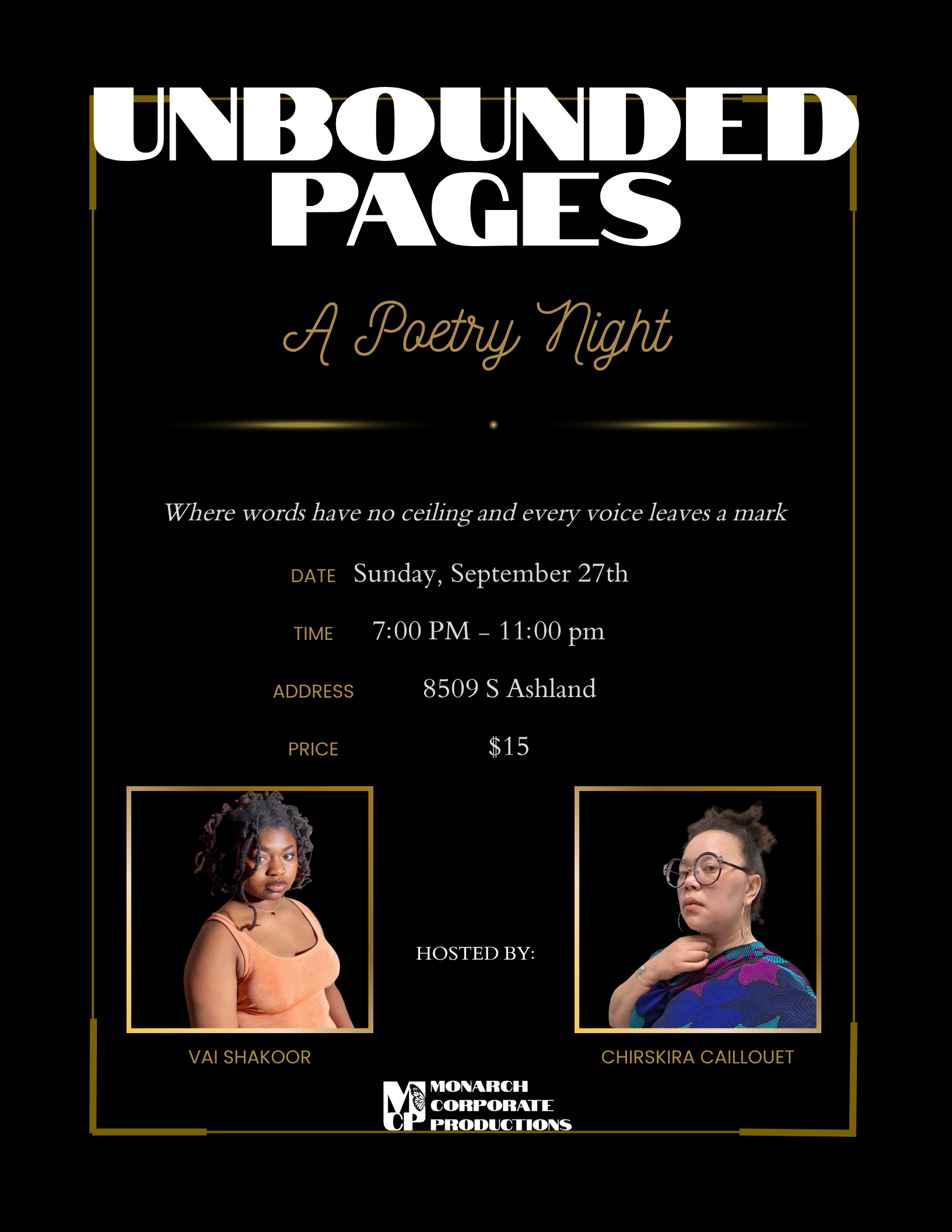 Event poster for 'Unbounded Pages: A Poetry Night' featuring photos of two women, Vai Shakoor and Chiskira Caillouet, with event details including date, time, location, and price, hosted by Monarch Corporate Productions.