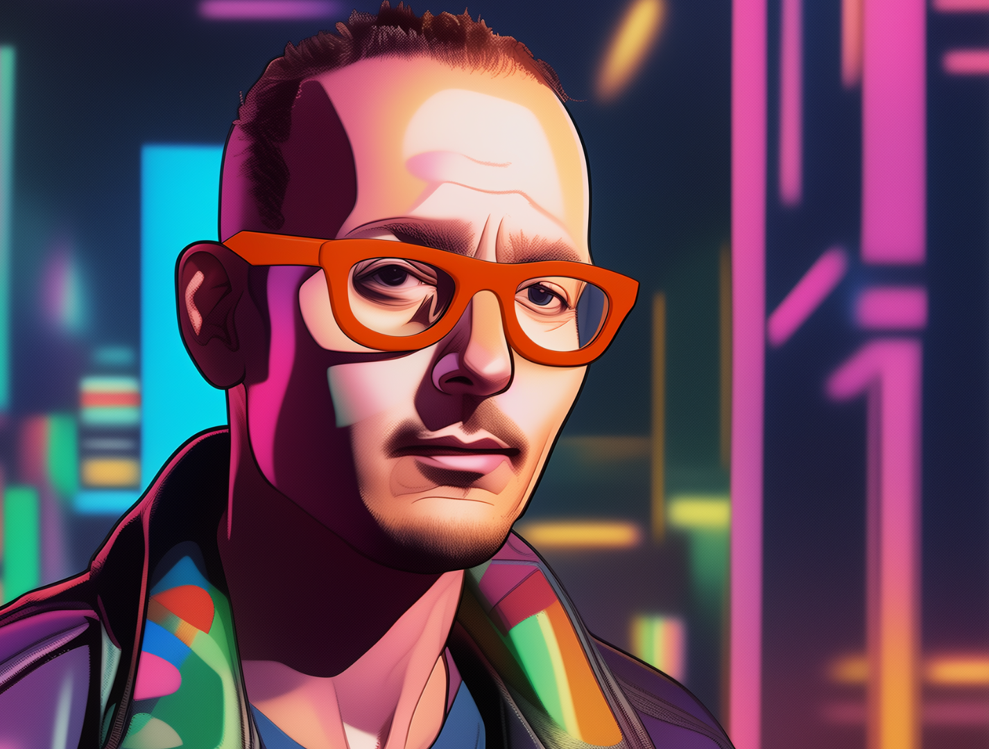 It's Cory Doctorow again! This time he's... neo? Very pop-art style. Great red glasses.
