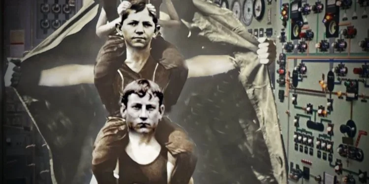 Old timey photo of three kids in a trenchcoat!