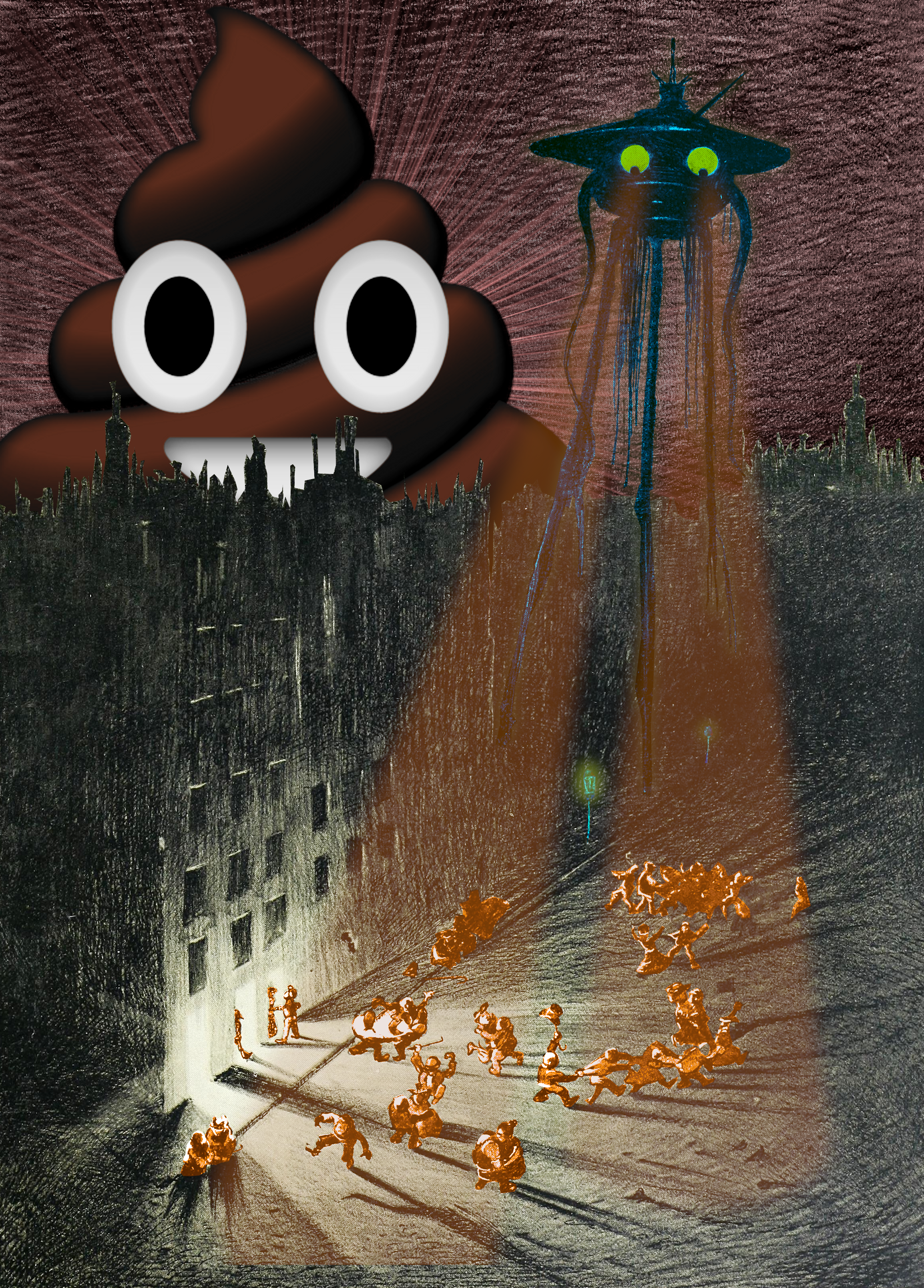 A poop emoji lurks mysteriously behind a city, whilst a War of the Worlds style ship wreaks havoc.