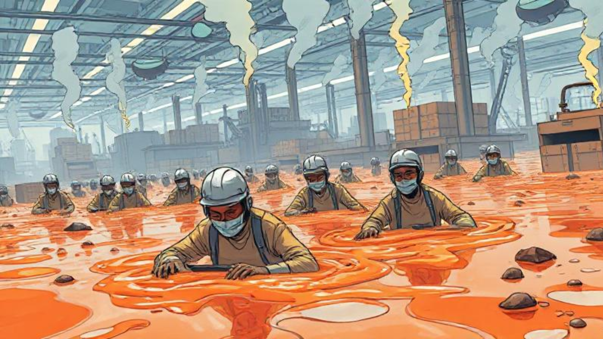 Graphic of warehouse workers wading through toxic sludge. Yuck!