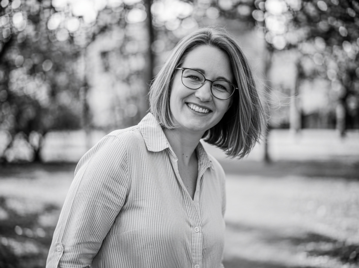 A smiling woman with shoulder-length hair and glasses, wearing a striped button-up shirt, outdoors in a park with blurred trees in the background.