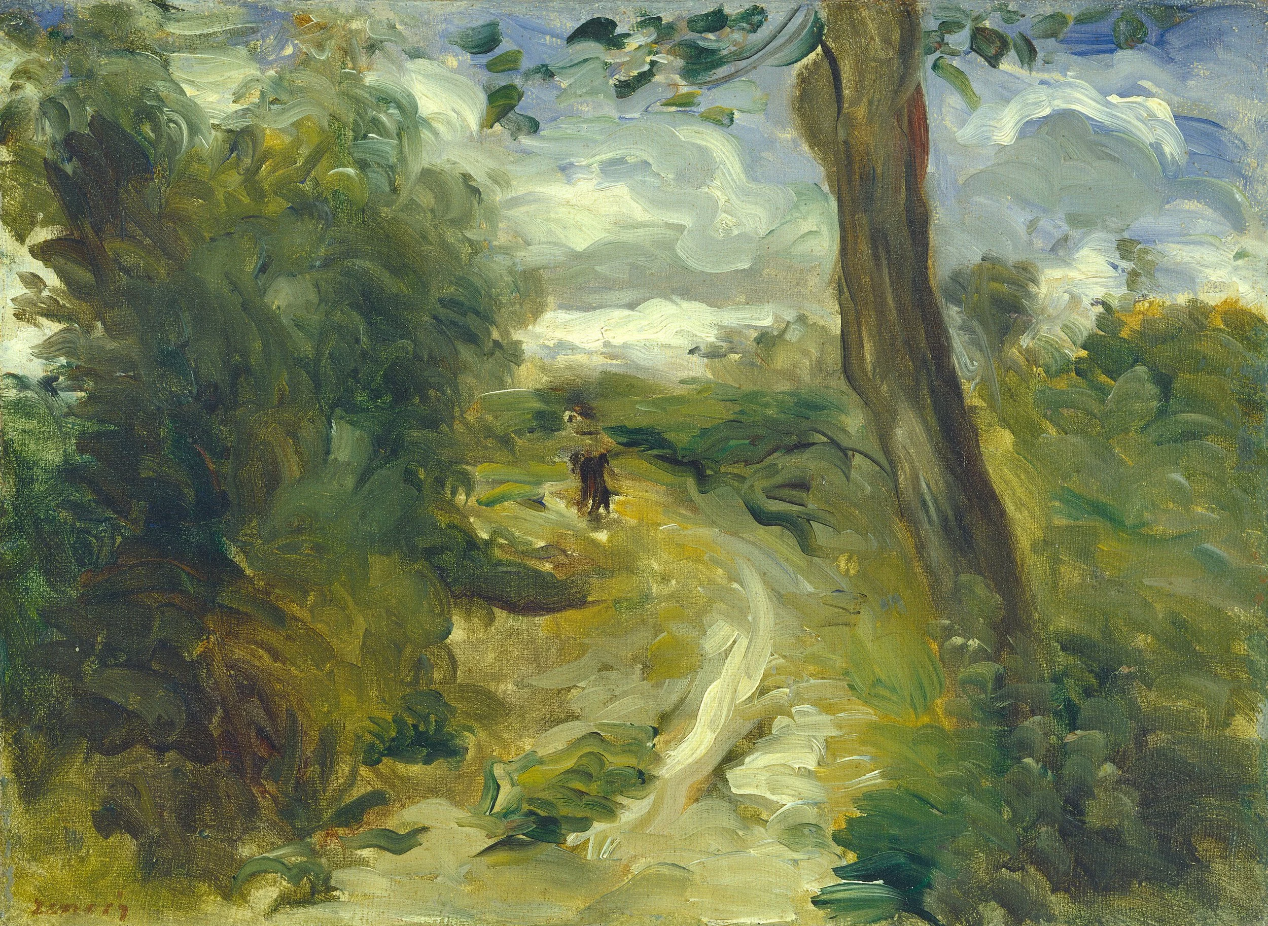 An impressionist landscape painting depicting a cloudy sky with an opening and a large tree on the right side, surrounded by lush greenery and bushes.