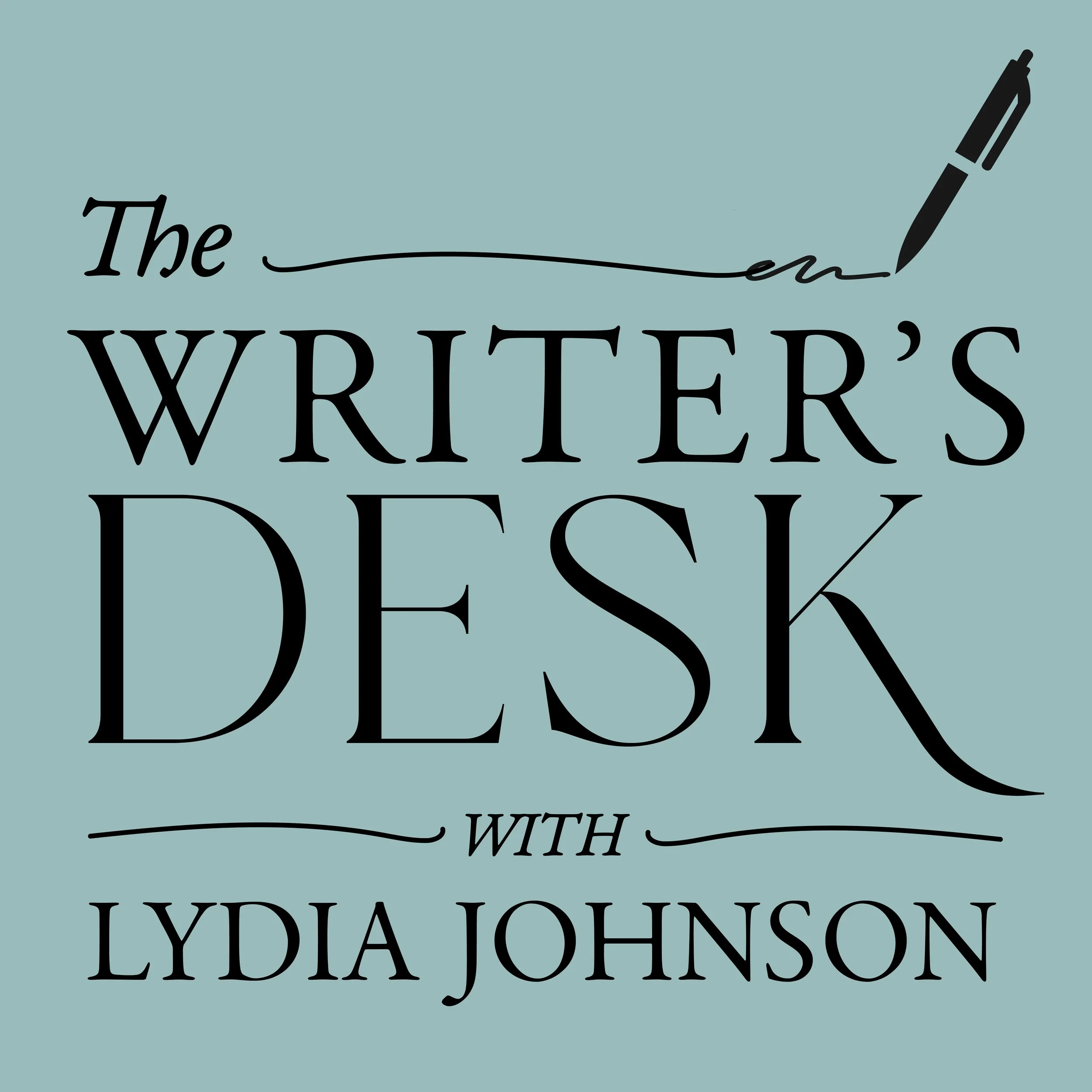 Decorative poster with the phrase 'The end' written in cursive, a black pen illustration, and the phrase 'Writers' in large serif font, all on a light blue background.