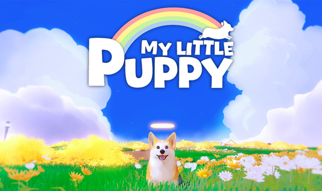 무지개와 하얀 구름이 있는 푸른 하늘 아래 초록색 풀밭에 노란색과 흰색 꽃이 피어 있고, 중앙에 시바견 같은 강아지가 웃고 있다. 위에는 'MY LITTLE PUPPY'라는 텍스트가 있고, 작은 무지개와 함께 강아지 실루엣이 있다.