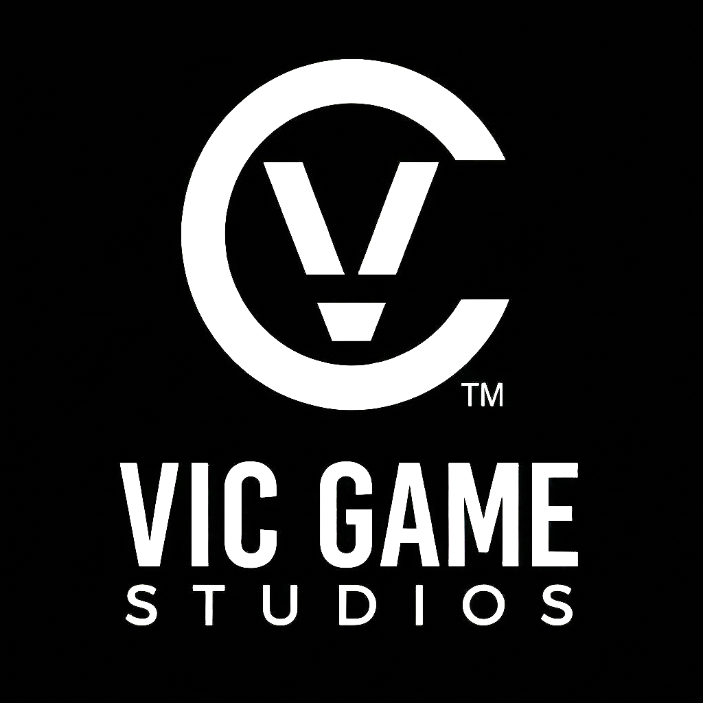 VIC GAME STUDIOS 로고, 검은 배경에 흰색 문자와 심볼