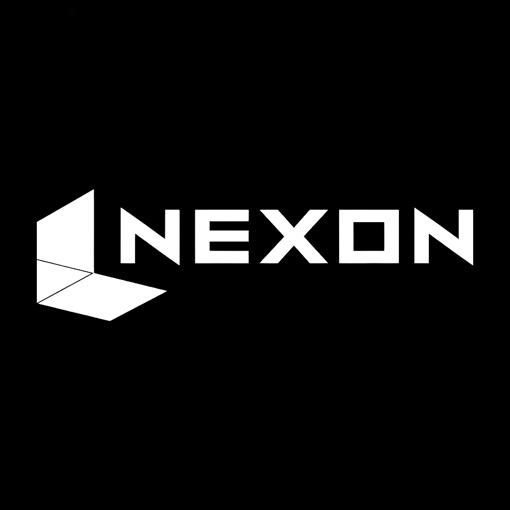 검은 배경에 흰색으로 된 'NEXON' 로고와 기하학적 디자인이 포함된 로고