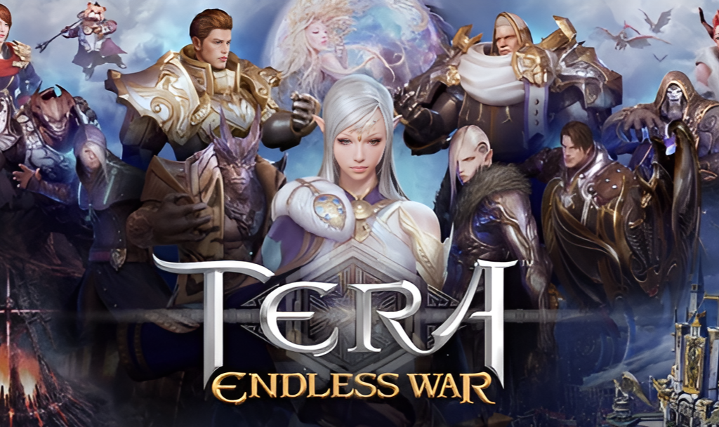 티어랜드 엔드리스 워 영상 포스터. 다양한 판타지 캐릭터들이 등장하며, 중앙에 여성 캐릭터가 있으며, 배경에는 전투와 마법이 펼쳐지고 있다.