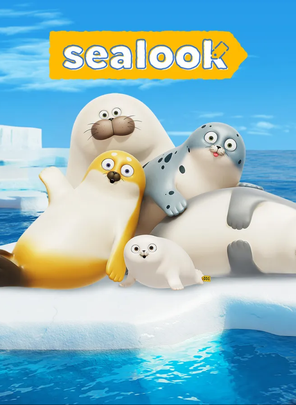 얼음과 바다 위에 다양한 동물 캐릭터들이 앉아 있고, 상단에 'sealook'이라는 제목이 노란색 배경에 하얀 글씨로 쓰여 있음.