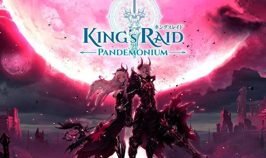 판타지 배경의 일러스트, 두 캐릭터와 어둠과 붉은 빛이 가득한 풍경, 'King's Raid Pandemonium' 제목과 로고가 포함됨.
