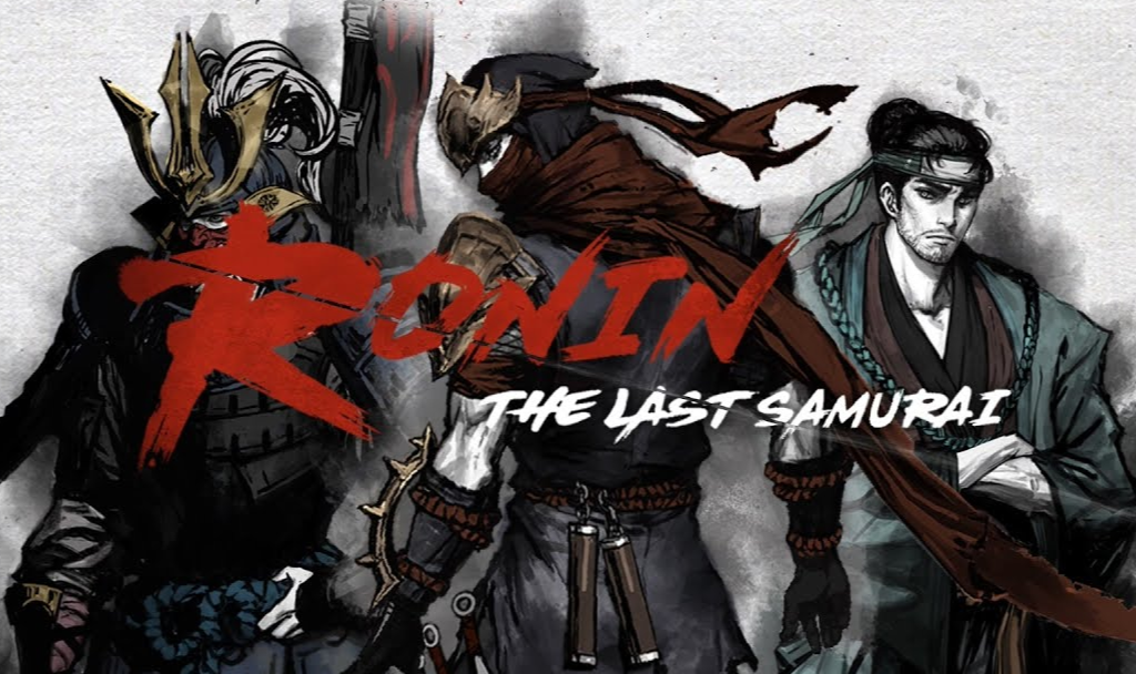 무사 복장을 한 세 명의 인물이 웅장하게 서 있고, 가운데 인물이 붉은 주황색 깃발 모양의 문자를 들고 있으며, 배경은 흐릿한 회색색조의 그림입니다.