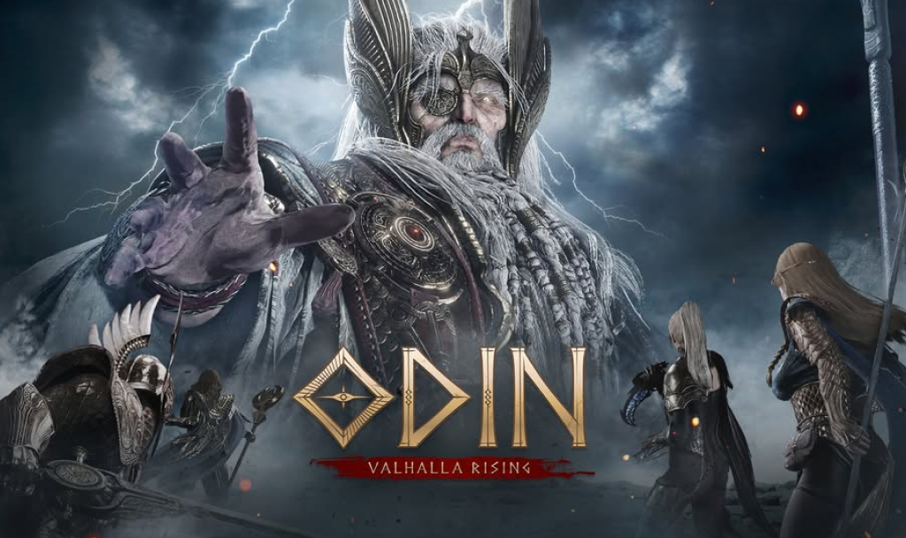 폭풍이 몰아치는 하늘 아래 신화적인 등장인물이 등장하는 판타지 전투 장면, 중앙에 오딘 신이 있고, 주변에 전투에 참여한 전사들이 있음.