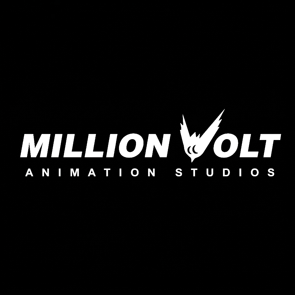 MILLION VOLT 애니메이션 스튜디오 로고, 번개 모양의 새와 검은 배경.