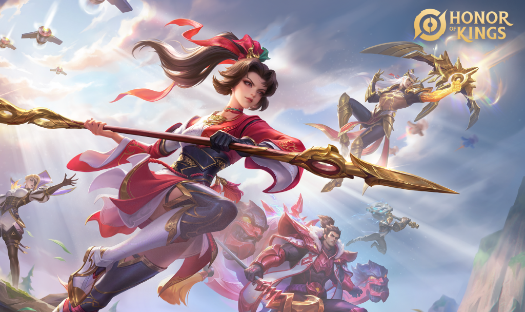 판타지 세계를 배경으로 하는 게임 'Honor of Kings'의 일러스트: 다양한 캐릭터들이 화려한 장비와 무기를 들고 전투 준비를 하는 모습.