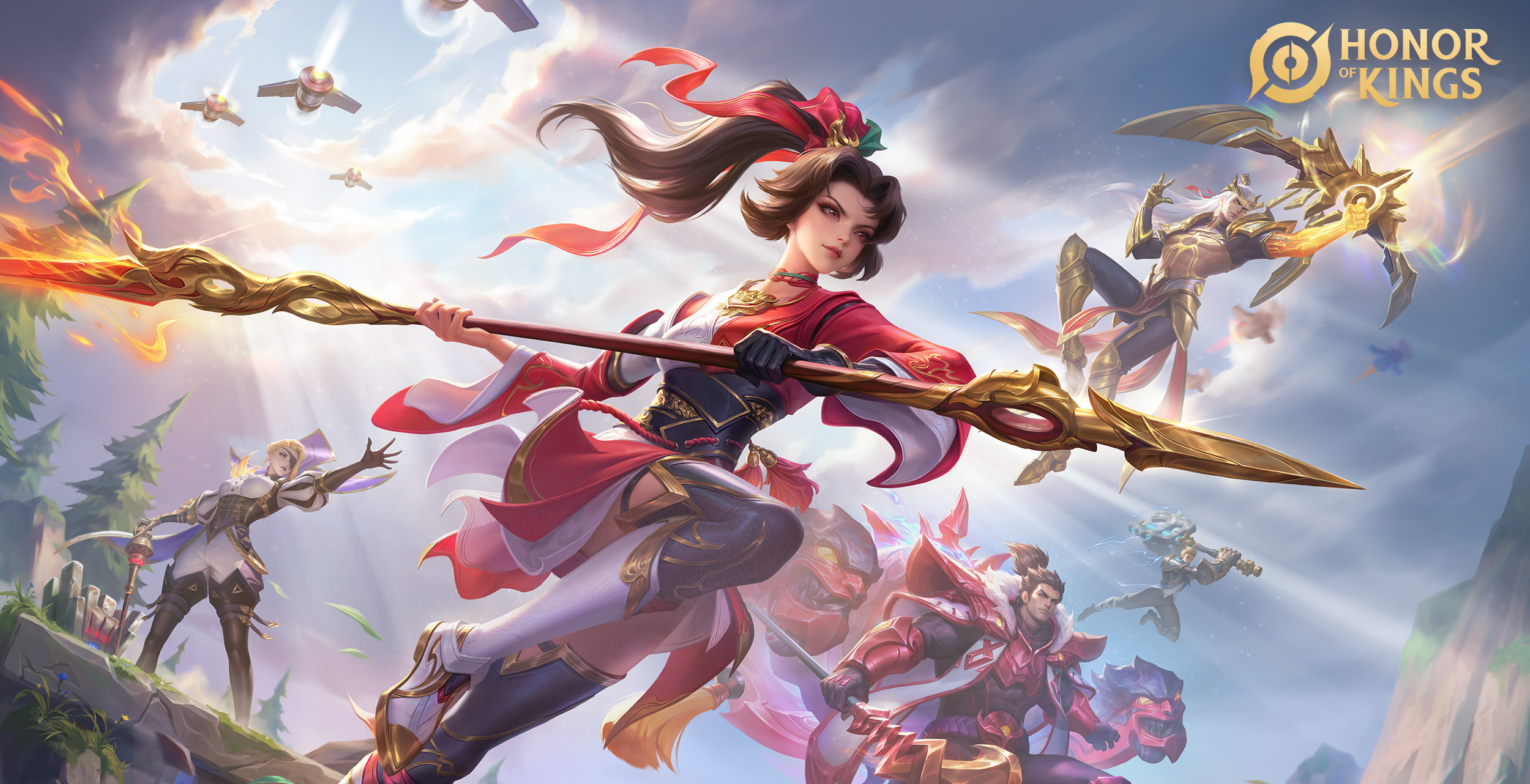 격투 게임 'Honor of Kings'의 일러스트로, 기사와 전사들이 전투 자세로 전투를 벌이고 있는 모습.