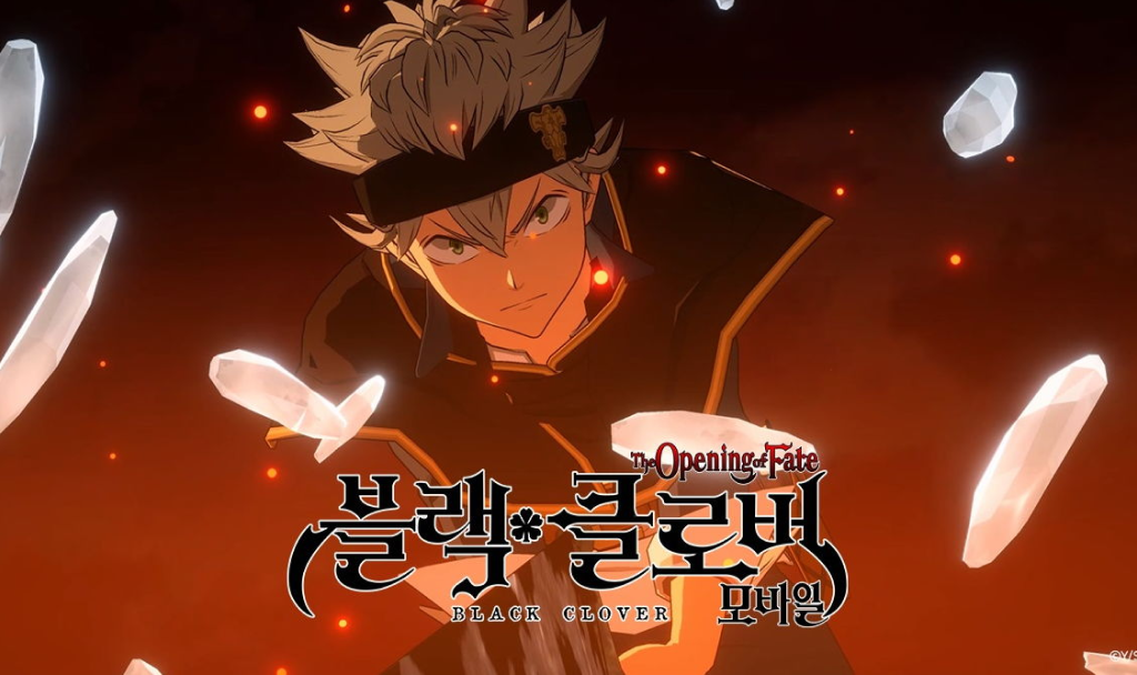 마법사를 연상시키는 남성 캐릭터가 검은 배경에 검은색과 황금색 의상을 입고 있으며, 주변에는 유리 조각과 불꽃 같은 불이 튀기고 있어 강렬한 분위기를 조성한다. 타이틀과 텍스트는 "Black Clover"와 "The Opening Fate"가 포함되어 있다.