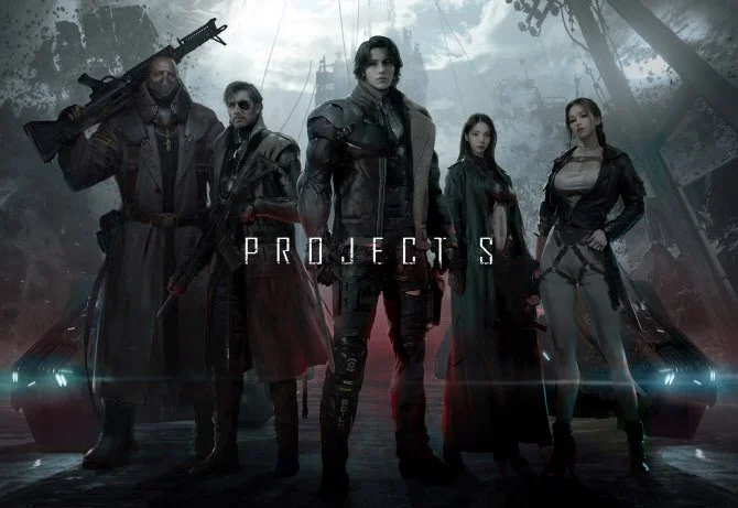 포스트 아포칼립스 배경의 소수의 인물들이 서서 전면을 바라보는 모습, 가운데 남성 캐릭터와 친구들이 연대하는 모습.