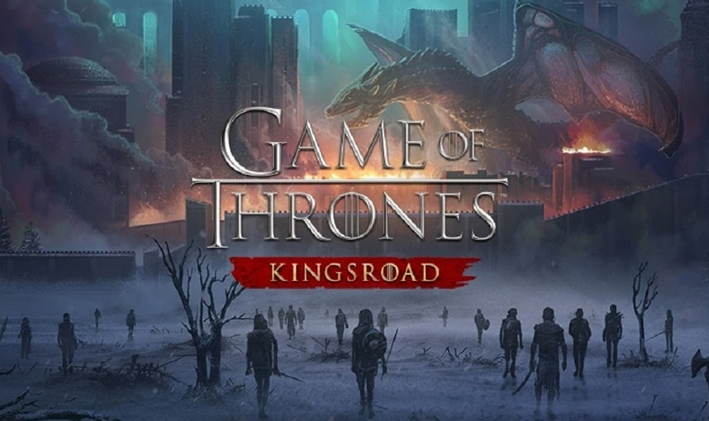 드래곤이 하늘을 날아가고 있으며, 도시와 폐허가 있는 배경의 게임 포스터. 하단에는 인물들이 군집되어 있다.