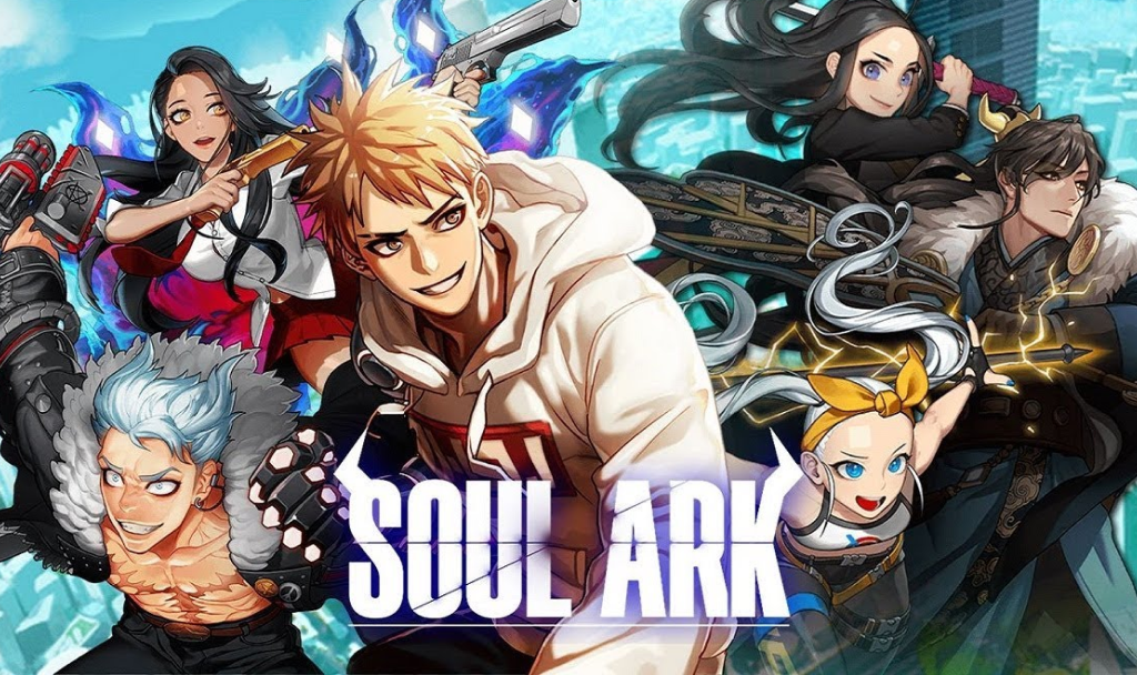 다양한 만화 스타일의 캐릭터들이 등장하는 비디오 게임 커버, 제목은 'SOUL ARK'