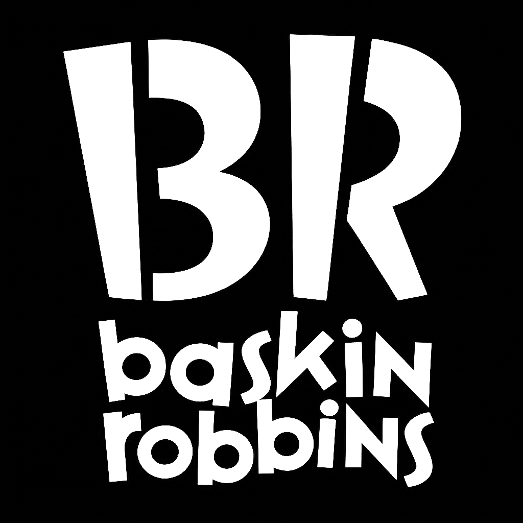 흑백 배경에 큰 흰색 글씨로 'BKR'와 'baskin robbins'라는 글자가 쓰여 있음.