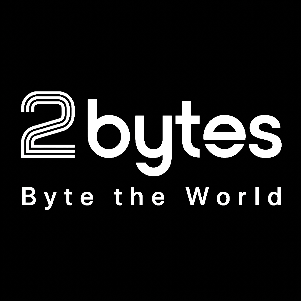 "2bytes Byte the World"라는 흰색 텍스트가 검은 배경에 있는 로고 이미지