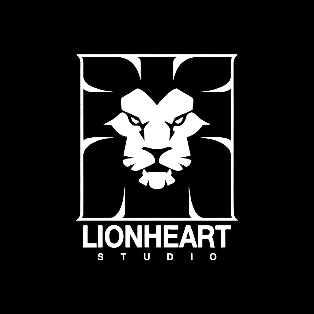 사자 얼굴을 형상화한 흰색 로고, 검은 배경, 'LIONHEART STUDIO'라는 텍스트 아래