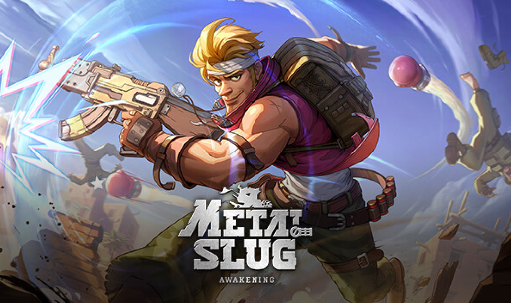 메탈 슬러그: 각성 게임의 캐릭터가 총을 쏘는 모습.