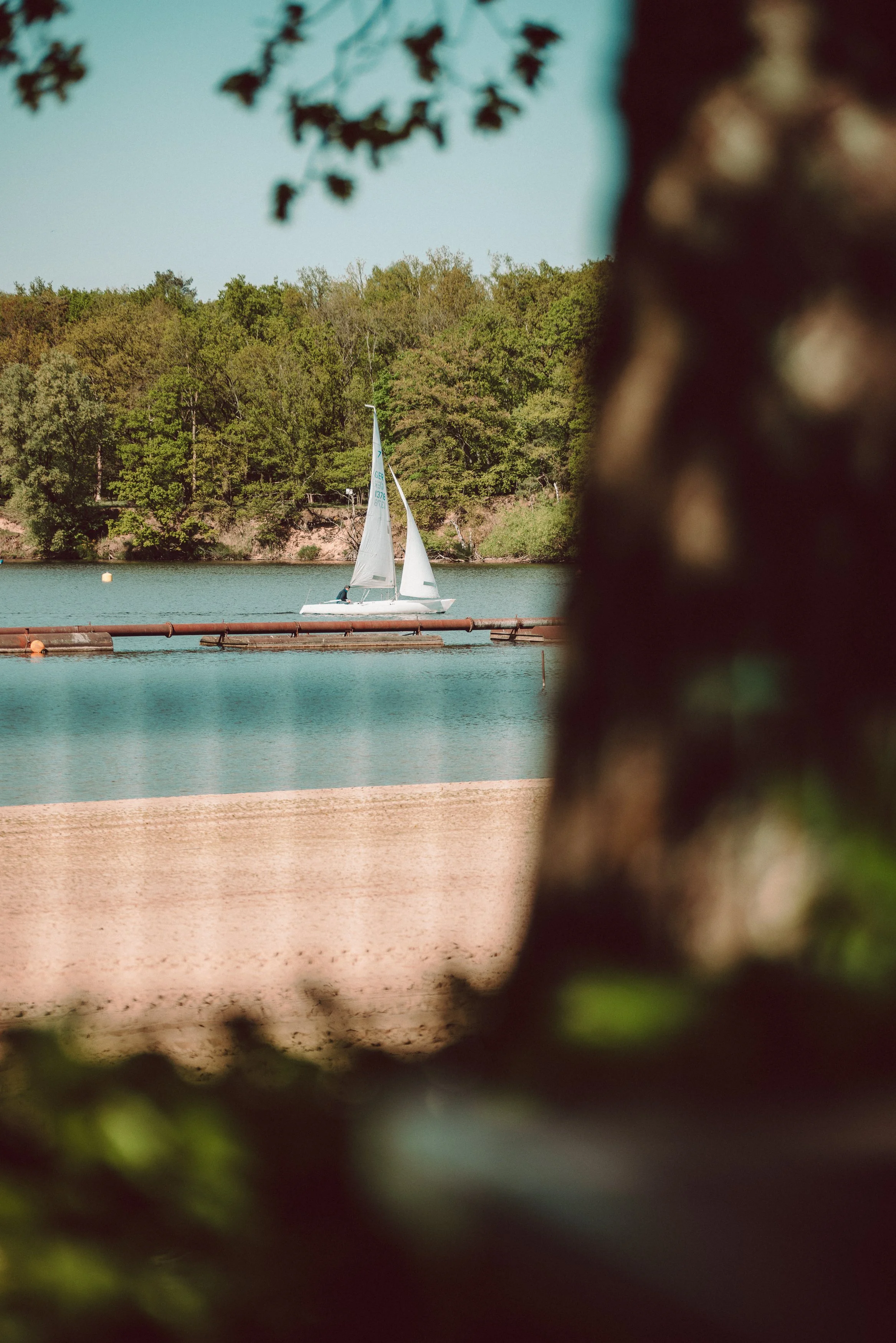 Segelboot auf dem Wasser, umgeben von grünen Bäumen, im Blick durch eine Baumöffnung