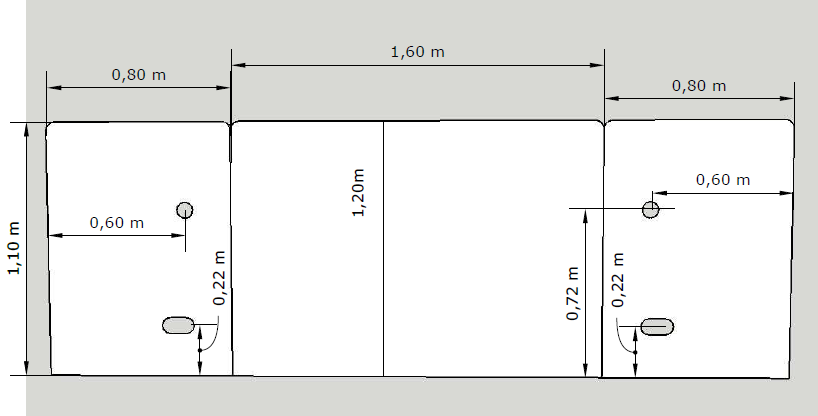Plan technique d'une tête de lit de 3 modules, emplacements électriques et dimensions précisées en mètres.