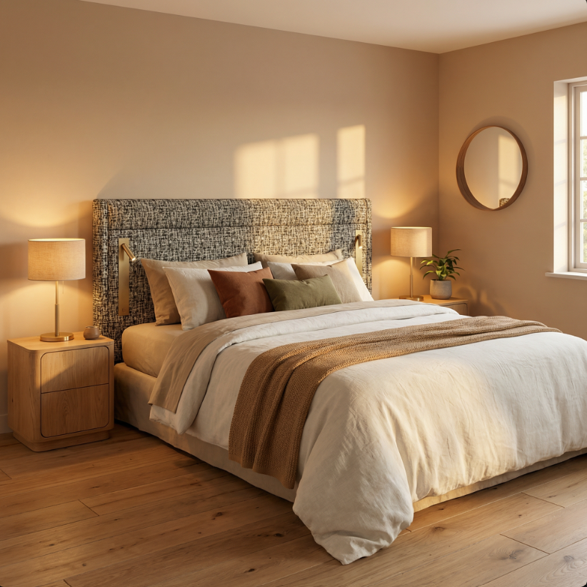 Chambre à coucher avec un lit et une belle tête de lit sur mesure, draps blancs, plusieurs coussins, deux lampes de chevet, une plante, un miroir rond et une fenêtre. Décor chaleureux et minimaliste.