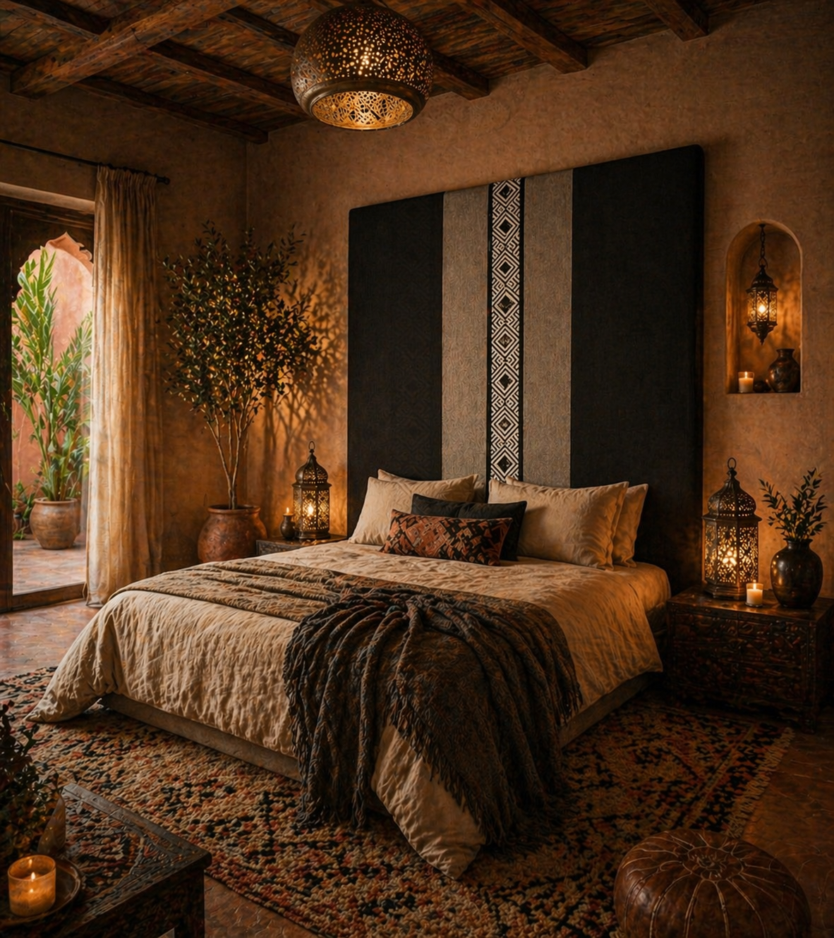 Chambre à coucher décorée dans un style chaleureux avec un grand lit et une tête de lit sur mesure en hauteur, un lampadaire suspendu, des lanternes en métal, des plantes en pot, une fenêtre avec rideaux, une armoire, des bougies, et un tapis coloré.