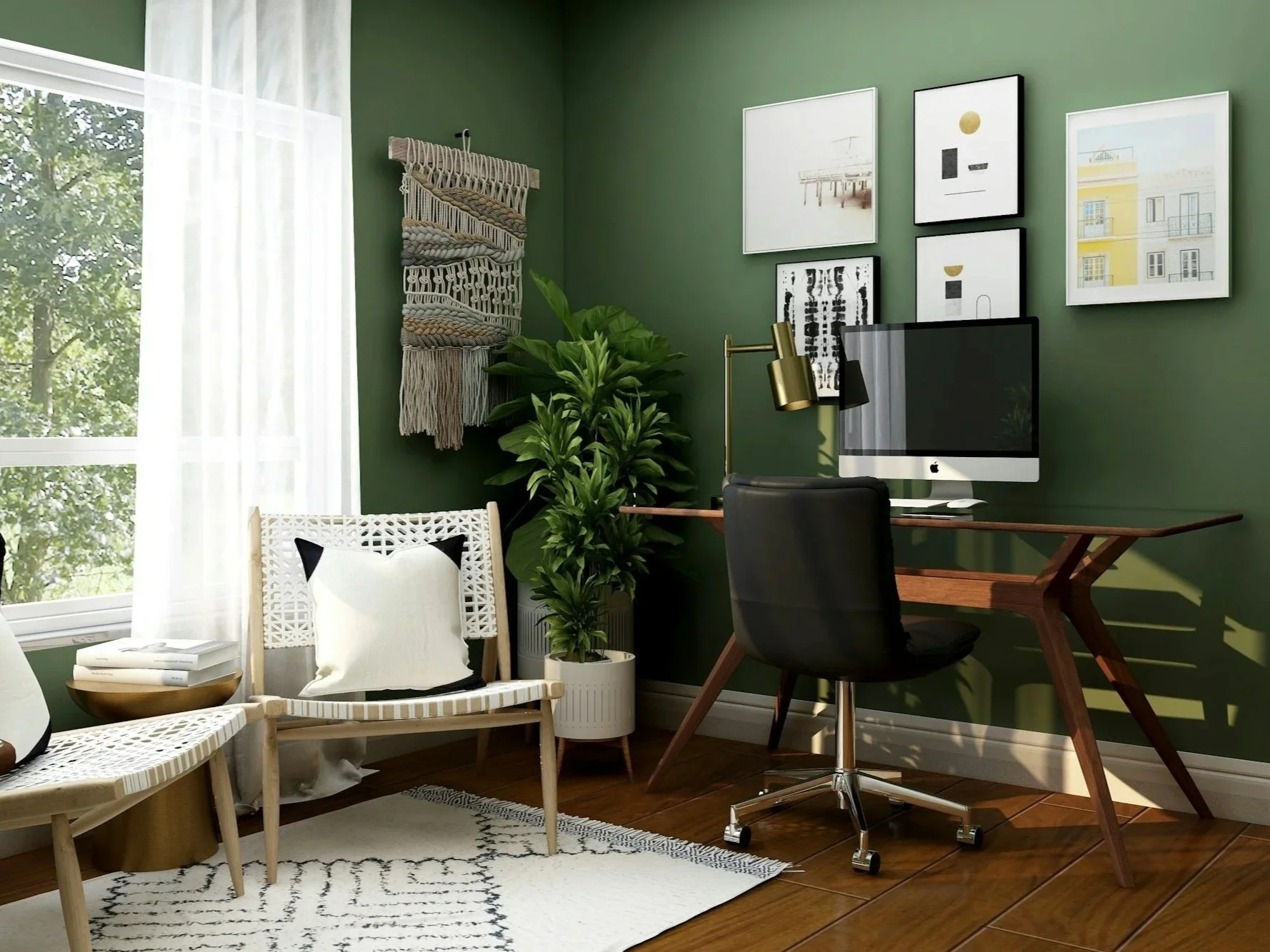 An office with a computer, desk chair, two chairs a plant and a window.