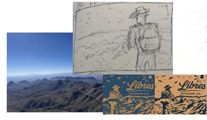 Big Bend reference photo refined into a pencil sketch and the final Libres graphic