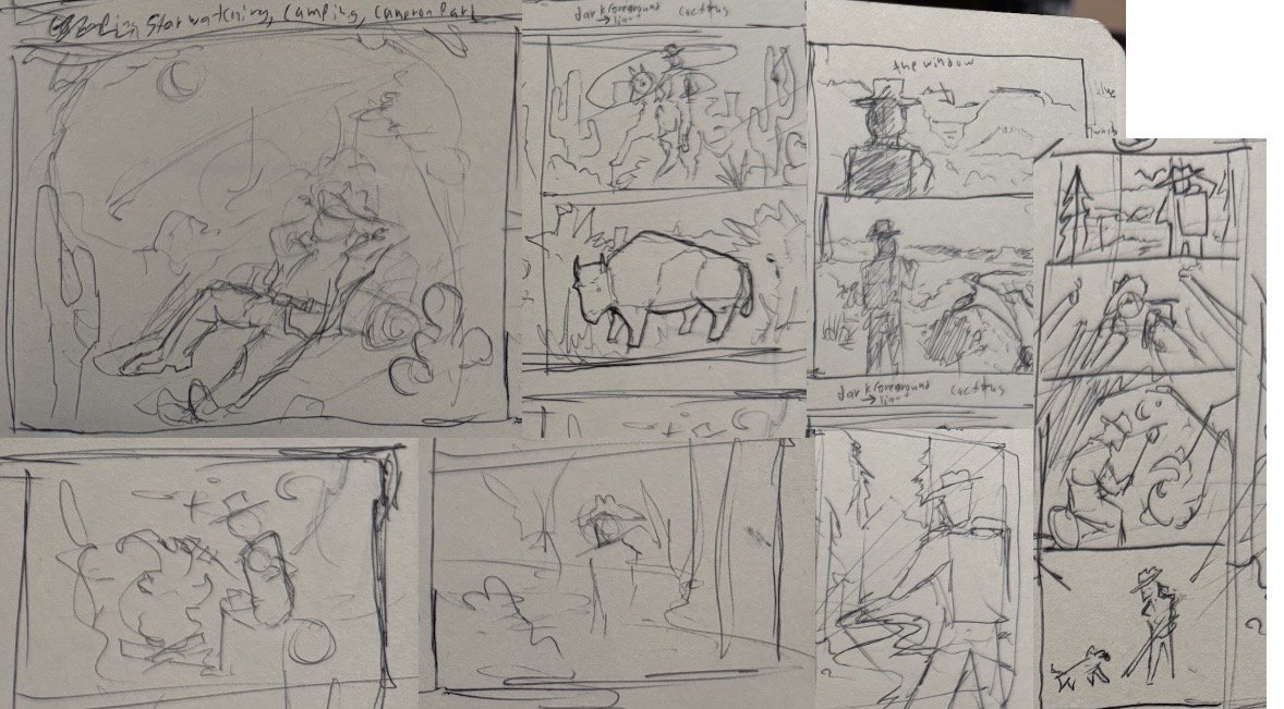 Concept thumbnail sketches exploring Cameron Park, starwatching, and horseback scenes