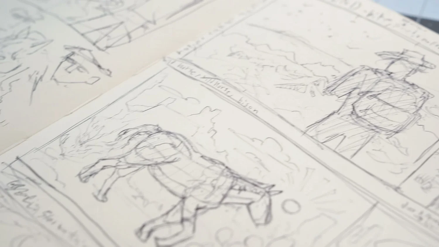 Adam's sketchbook with Big Bend concept sketches and handwritten notes