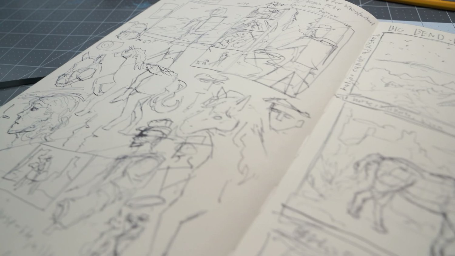 Open sketchbook page titled BIG BEND with concept panels