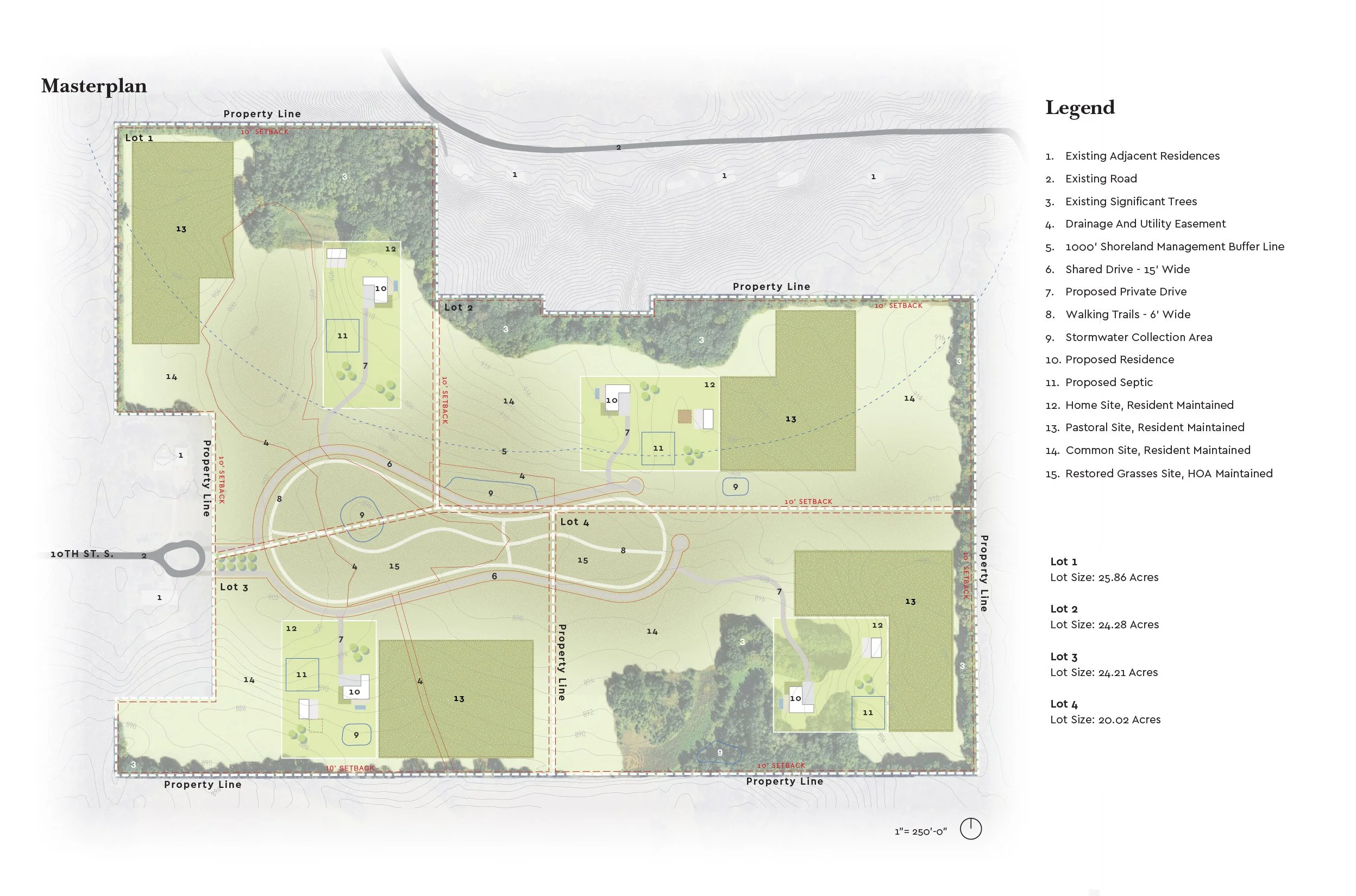 Masterplan of Longview Farms of Afton that shows where the four lots are located.