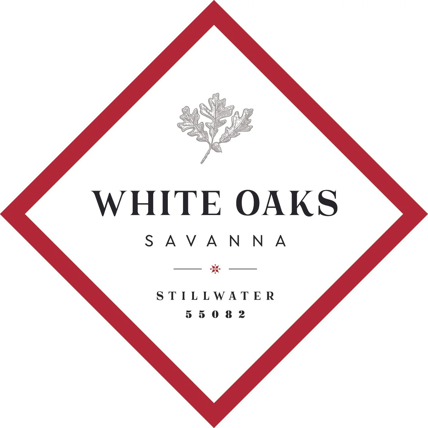Label for White Oaks Savanna still water, with a red diamond border and a silver oak leaf at the top.