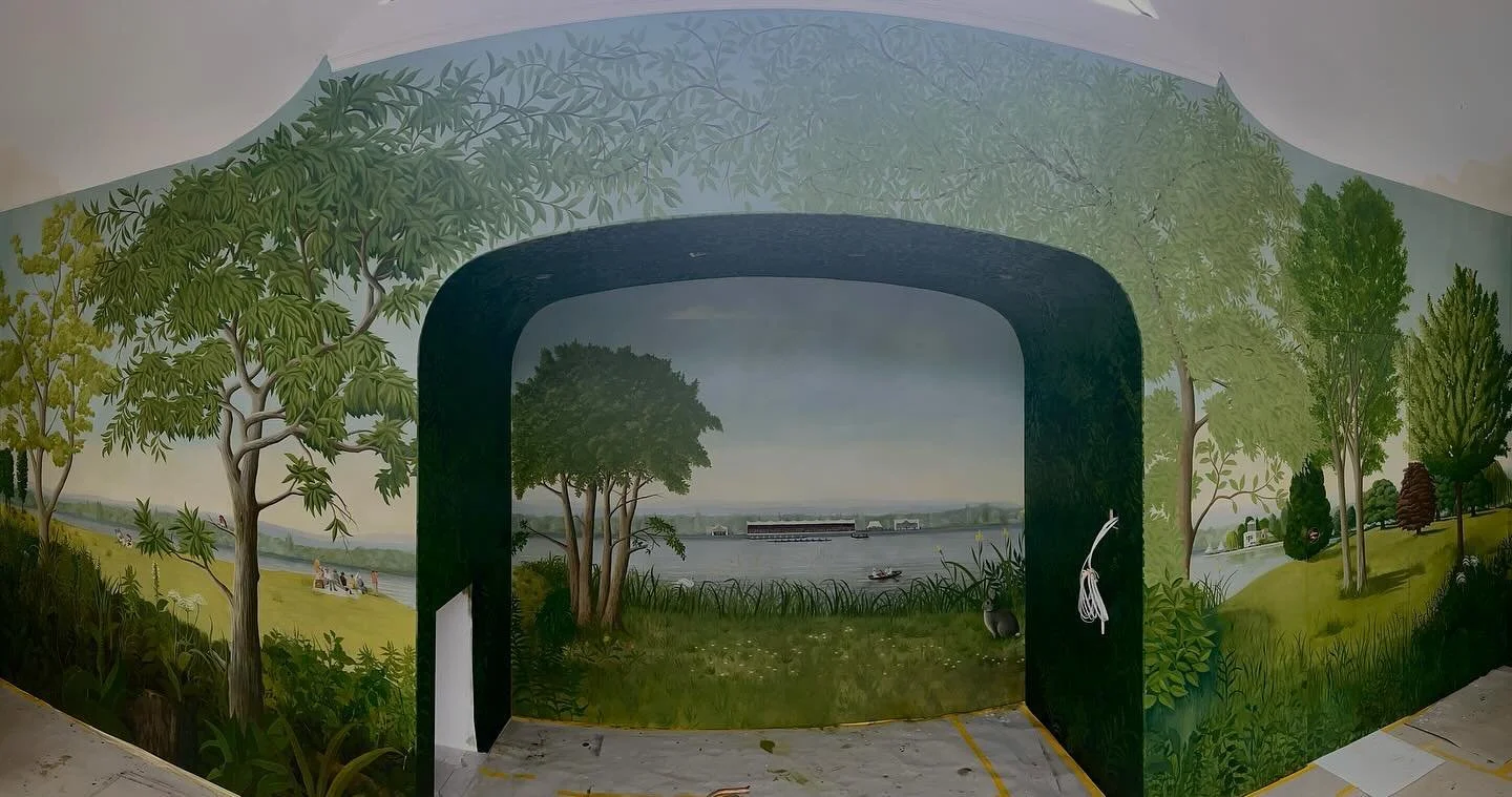 Here is the enormous mural I painted over the summer with @n.esch_artist for a pool house in Berkshire. The builders are yet to finish the fittings but try to imagine a bar installed across the gap in the arch. We&rsquo;re extremely proud of this pai