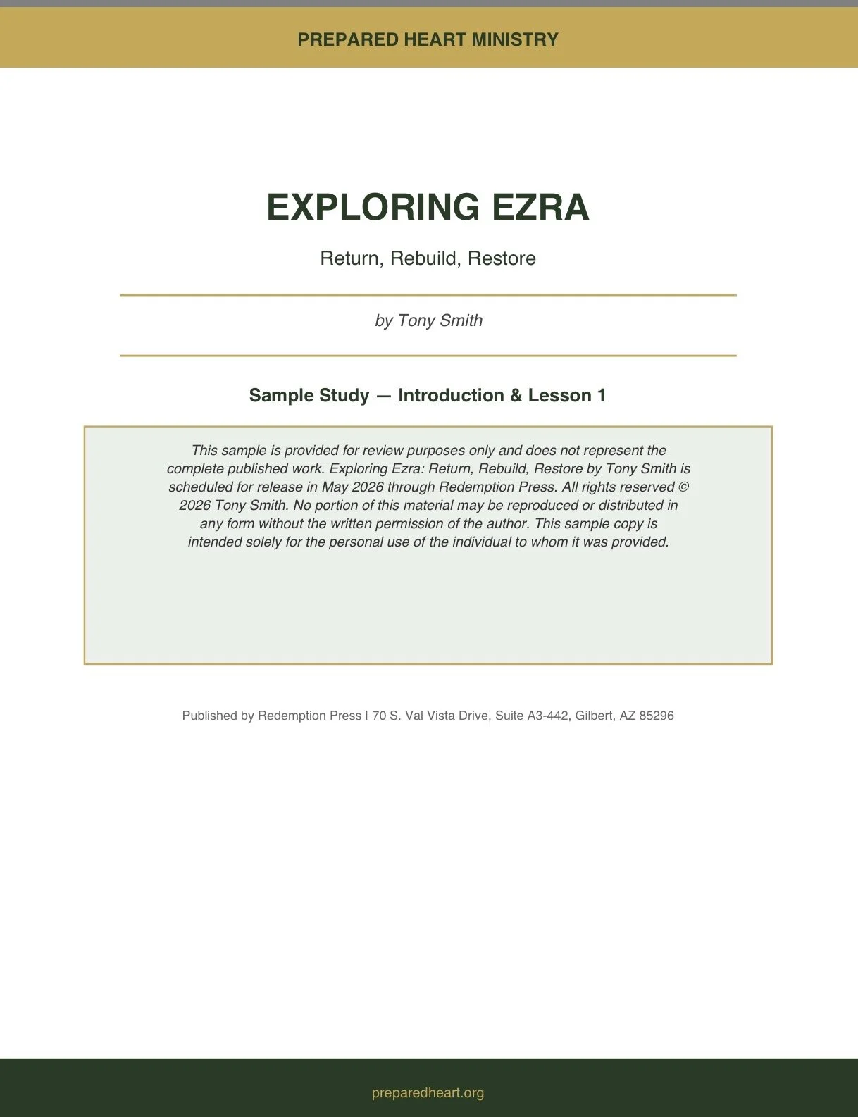 Sample study title page — Exploring Ezra: Return, Rebuild, Restore, Introduction & Lesson 1 by Tony Smith, publSample study title page — Exploring Ezra: Return, Rebuild, Restore, Introduction & Lesson 1 by Tony Smith, publishished by Redemption Press