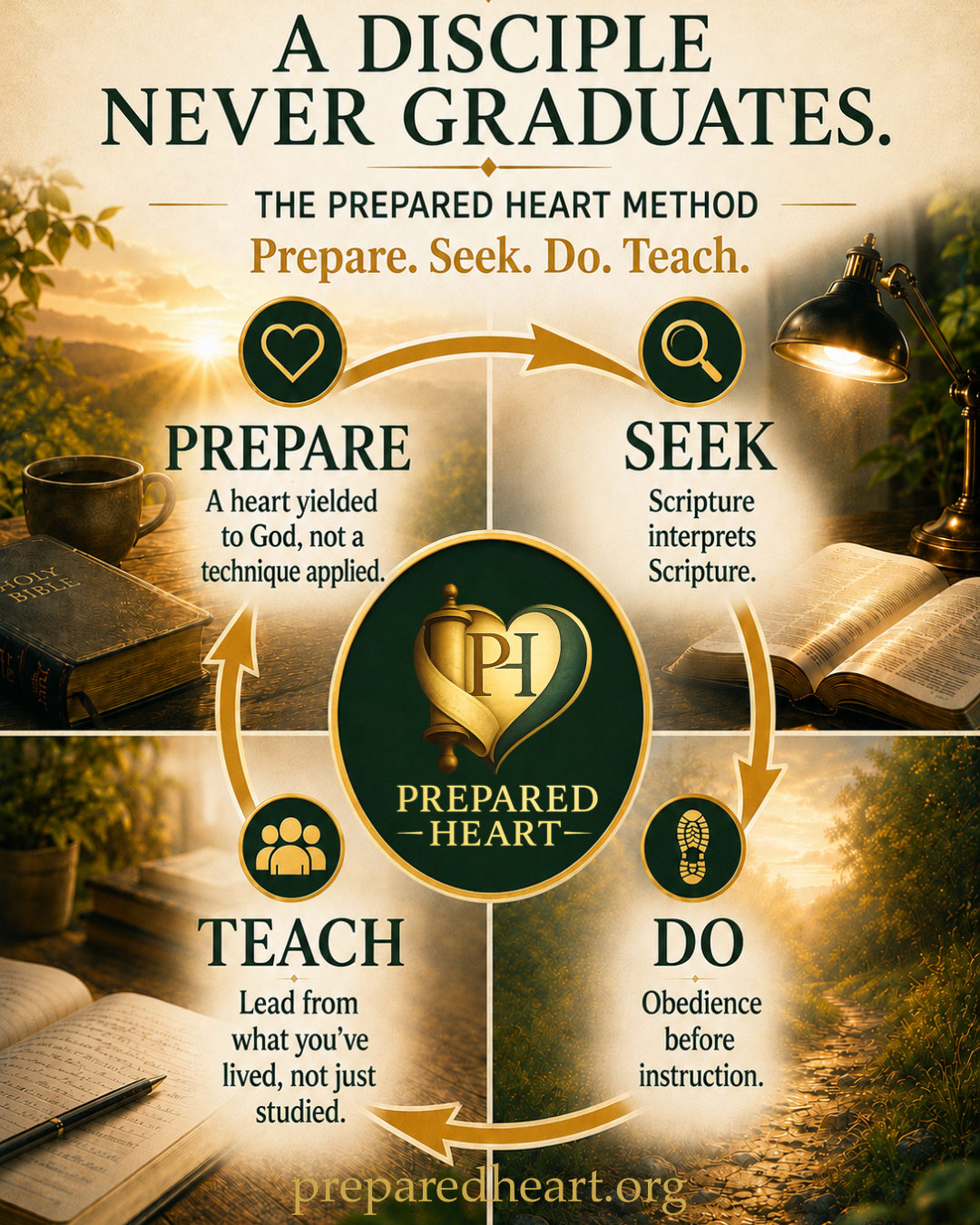 Flowchart titled 'A Disciple Never Graduates' explaining the 'Prepared Heart' method with four steps: Prepare, Seek, Do, Teach. Each step has an icon and description, with a background of a Bible, cup, and outdoor scenery.
