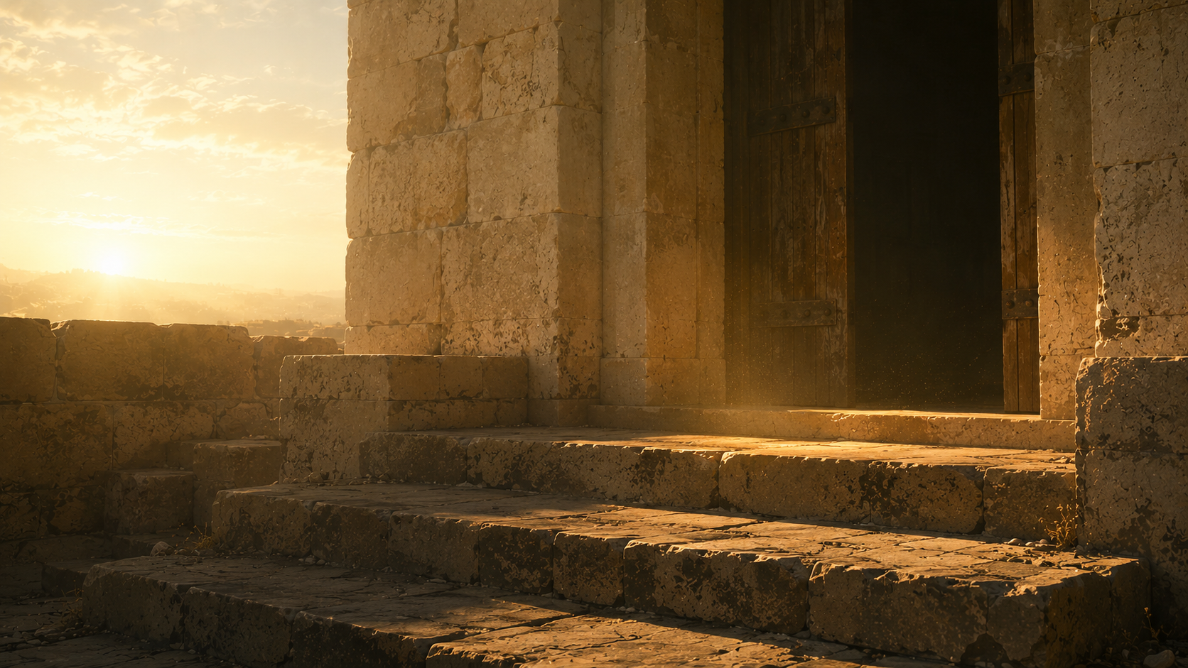 Photograph of ancient stone steps leading to an open doorway at sunset, accompanying the blog post 'Restoration — Ezra 10,' Post 10 of the Exploring Ezra series
