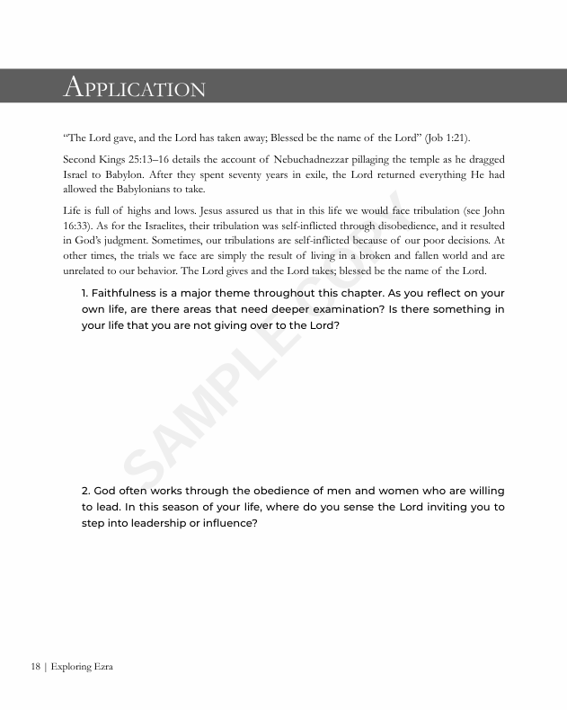 Application section from Exploring Ezra Bible study — reflection questions on biblical themes