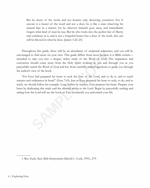 Interior page from Exploring Ezra — Ezra 7:10 and the biblical foundation for prepared Bible study, with reference to Roy Zuck's Basic Bible Interpretation
