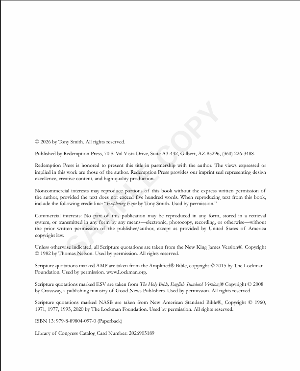 Copyright and publication page from Exploring Ezra Bible study guide by Tony Smith
