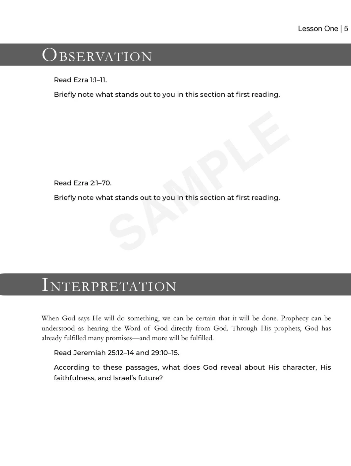 Sample lesson page from Exploring Ezra showing Observation and Interpretation study questions for Lesson 1