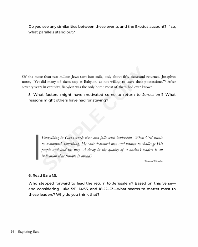 Copy of a page from a book or document discussing biblical events and leadership, referencing the Exodus and Ezra, with a quote from Warren Wiesbe.