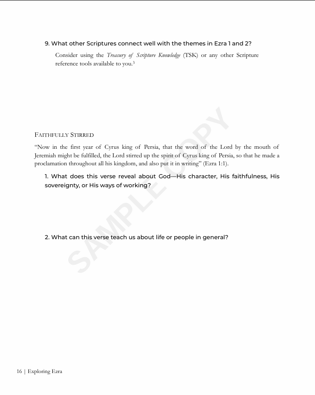 A page from a book titled 'Exploring Ezra' with Questions 9 and 10 discussing scriptures, Faithfully Stirred quote from Ezra 1:11, and questions about what the verse reveals and teaches about life or people.