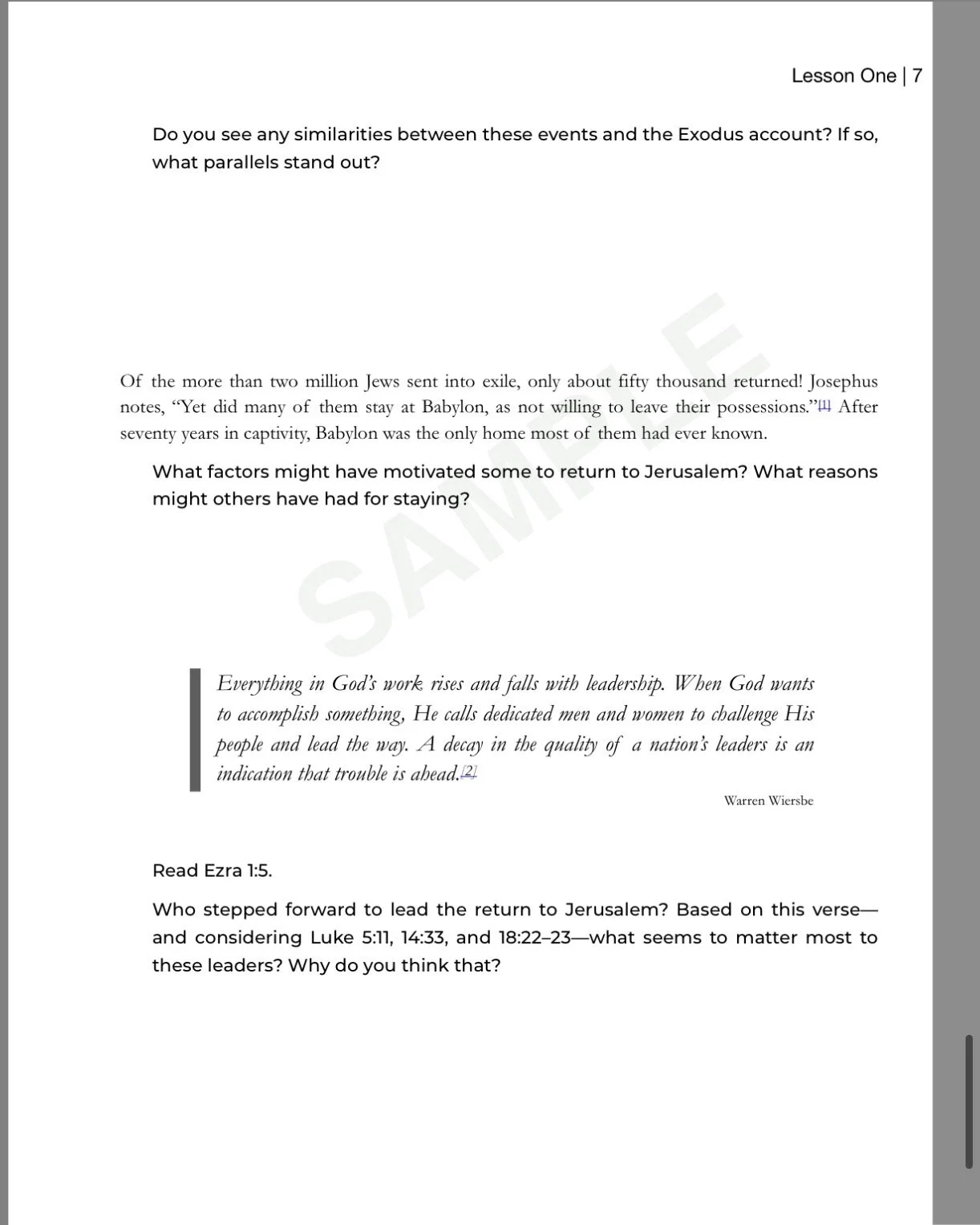 Sample lesson page from Exploring Ezra showing Observation and Interpretation study questions for Lesson 1