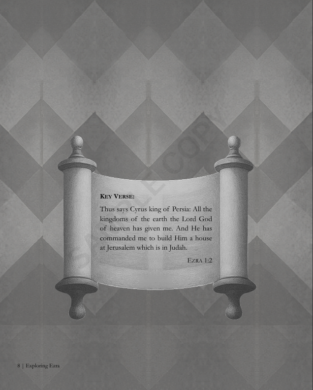 Illustrated scroll featuring Ezra 1:2 — the decree of Cyrus of Persia, from Exploring Ezra Bible study